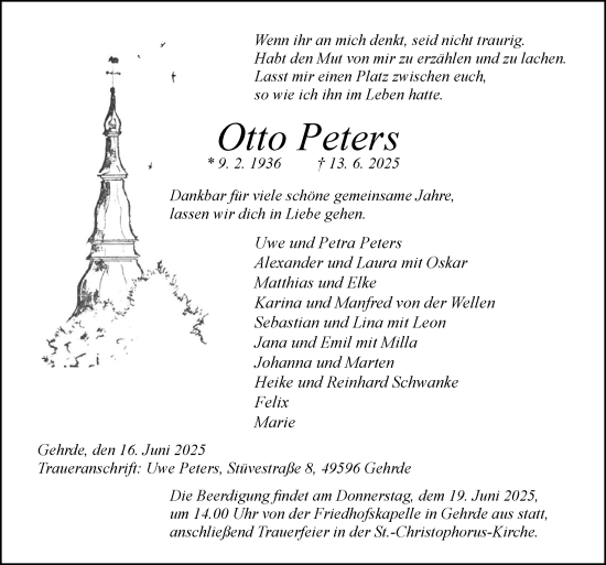 Traueranzeige von Otto Peters von Neue Osnabrücker Zeitung GmbH &amp; Co. KG