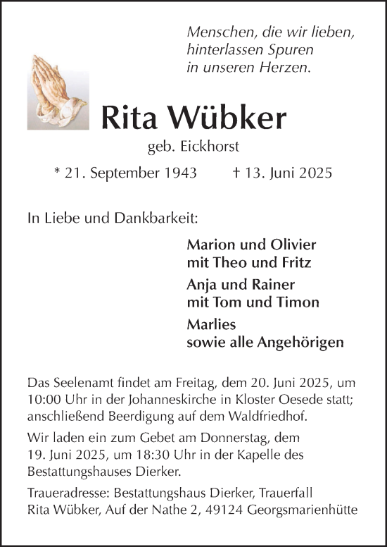 Traueranzeige von Rita Wübker von Neue Osnabrücker Zeitung GmbH &amp; Co. KG