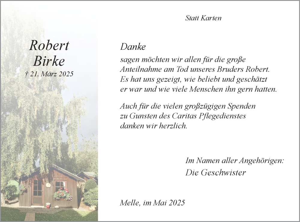  Traueranzeige für Robert Birke vom 03.05.2025 aus Neue Osnabrücker Zeitung GmbH & Co. KG