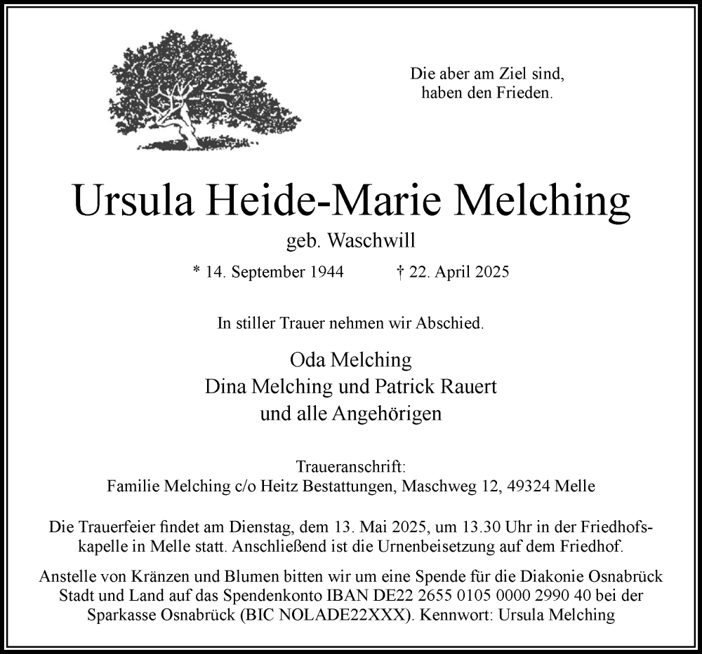  Traueranzeige für Ursula Heide-Marie Melching vom 03.05.2025 aus Neue Osnabrücker Zeitung GmbH & Co. KG
