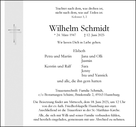 Traueranzeige von Wilhelm Schmidt von Neue Osnabrücker Zeitung GmbH &amp; Co. KG
