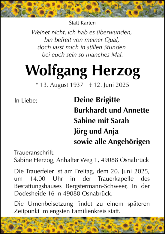 Traueranzeige von Wolfgang Herzog von Neue Osnabrücker Zeitung GmbH &amp; Co. KG