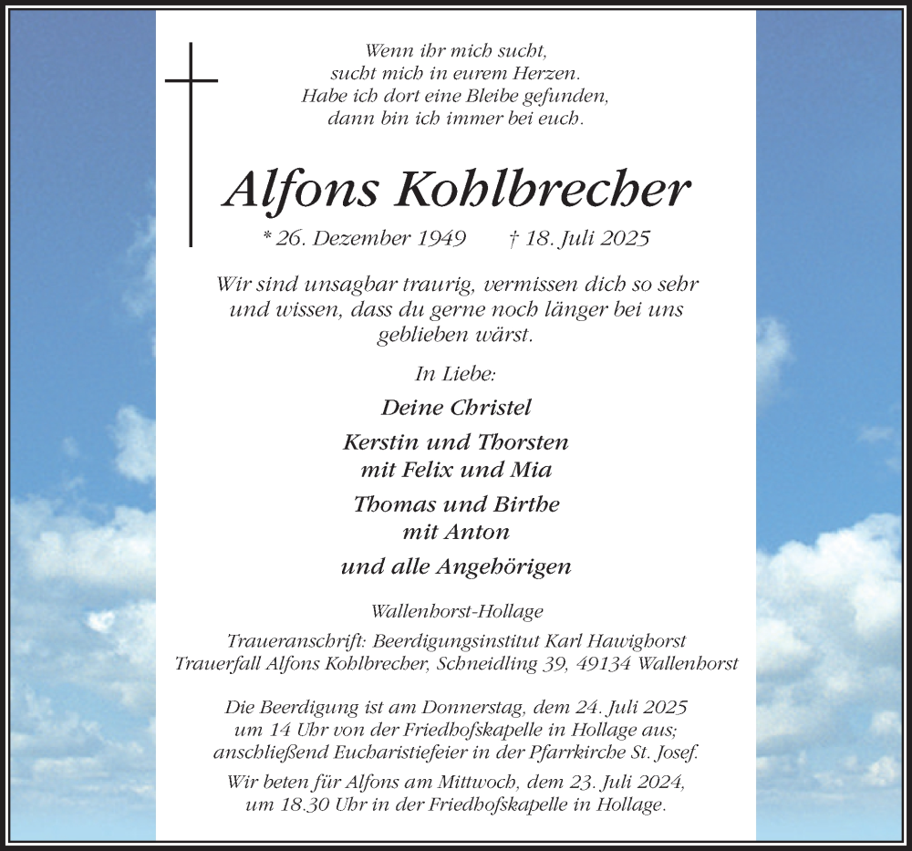  Traueranzeige für Alfons Kohlbrecher vom 21.07.2025 aus Neue Osnabrücker Zeitung GmbH & Co. KG