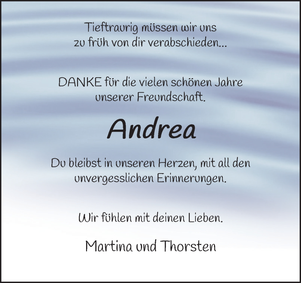  Traueranzeige für Andrea  vom 26.07.2025 aus DK Medien GmbH & Co. KG