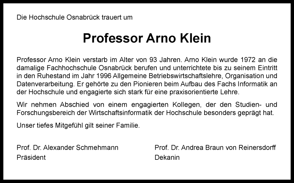  Traueranzeige für Arno Klein vom 12.07.2025 aus Neue Osnabrücker Zeitung GmbH & Co. KG