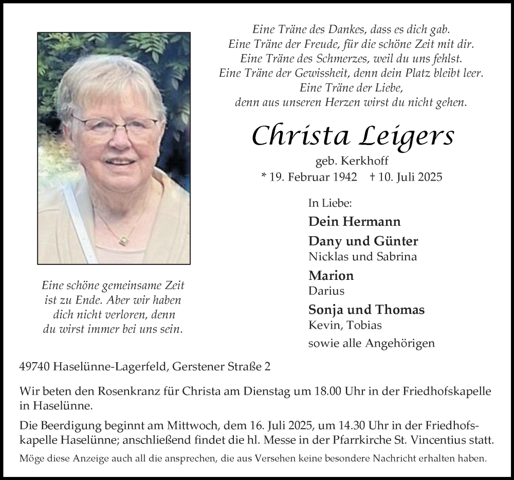  Traueranzeige für Christa Leigers vom 14.07.2025 aus Neue Osnabrücker Zeitung GmbH & Co. KG