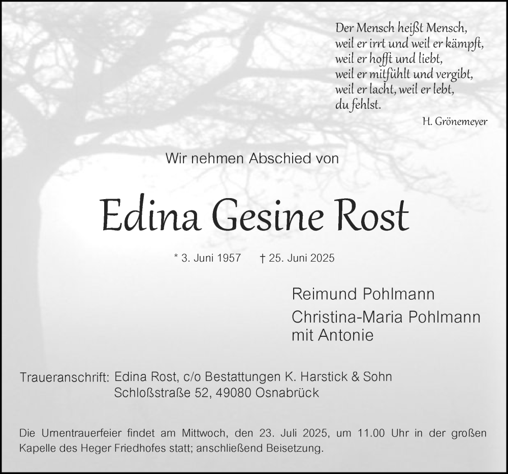  Traueranzeige für Edina Gesine Rost vom 12.07.2025 aus Neue Osnabrücker Zeitung GmbH & Co. KG