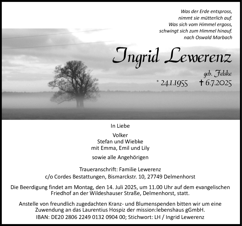  Traueranzeige für Ingrid Lewerenz vom 09.07.2025 aus DK Medien GmbH & Co. KG