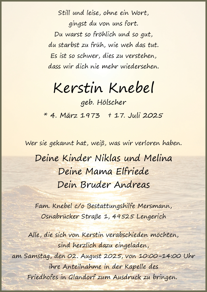  Traueranzeige für Kerstin Knebel vom 26.07.2025 aus Neue Osnabrücker Zeitung GmbH & Co. KG