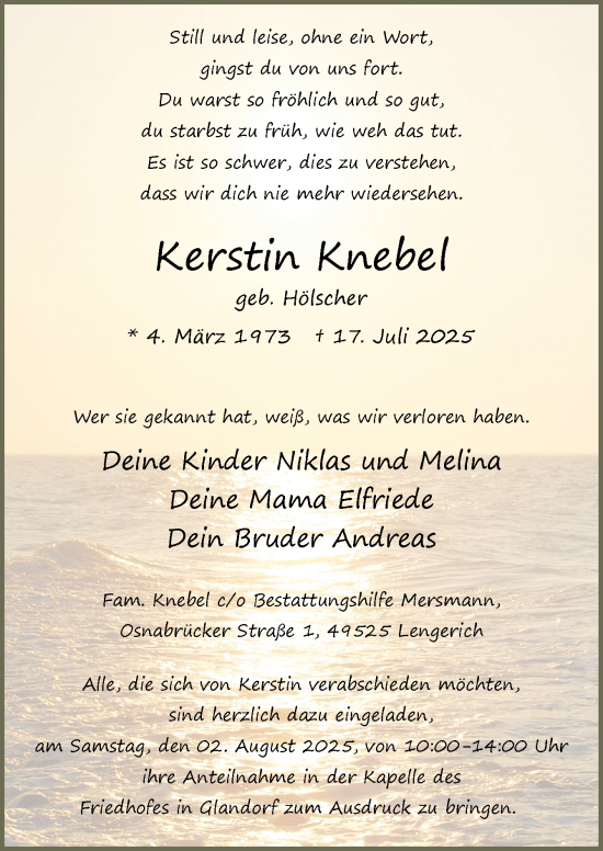 Traueranzeige von Kerstin Knebel von Neue Osnabrücker Zeitung GmbH & Co. KG
