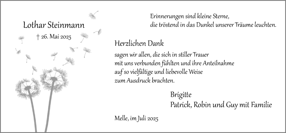  Traueranzeige für Lothar Steinmann vom 12.07.2025 aus Neue Osnabrücker Zeitung GmbH & Co. KG