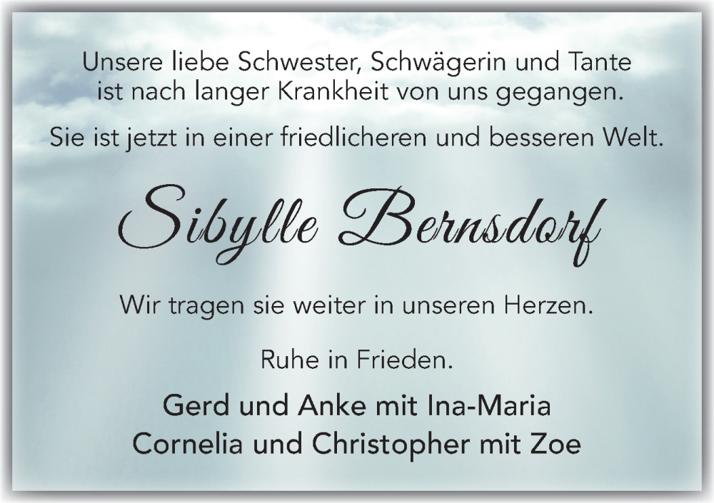  Traueranzeige für Sibylle Bernsdorf vom 12.07.2025 aus DK Medien GmbH & Co. KG