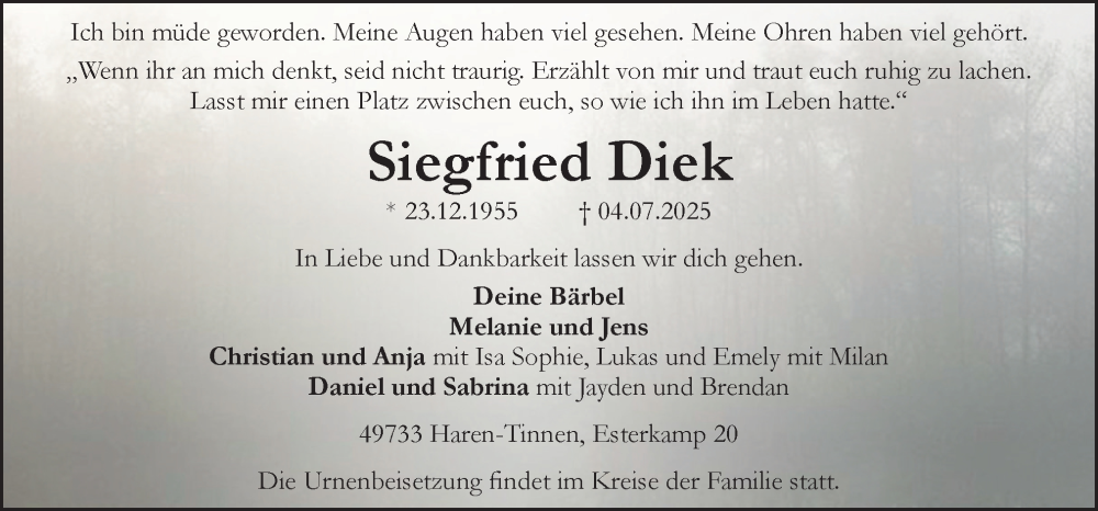  Traueranzeige für Siegfried Diek vom 09.07.2025 aus Neue Osnabrücker Zeitung GmbH & Co. KG