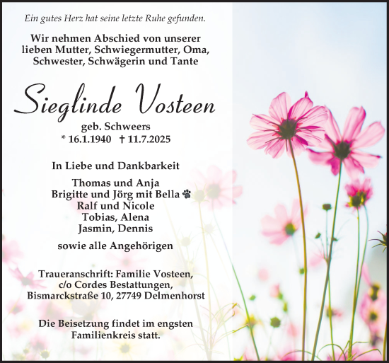 Traueranzeige von Sieglinde Vosteen von DK Medien GmbH & Co. KG
