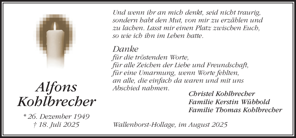 Traueranzeige für Alfons Kohlbrecher vom 30.08.2025 aus Neue Osnabrücker Zeitung GmbH & Co. KG