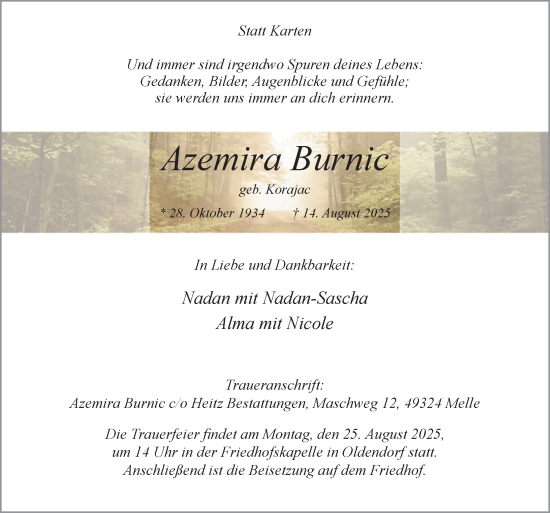 Traueranzeige von Azemira Burnic von Neue Osnabrücker Zeitung GmbH & Co. KG