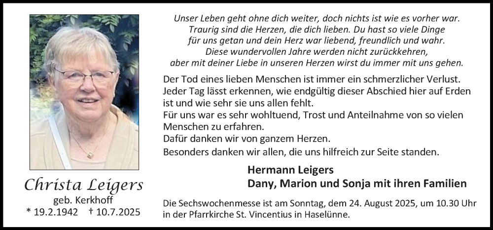  Traueranzeige für Christa Leigers vom 20.08.2025 aus Neue Osnabrücker Zeitung GmbH & Co. KG