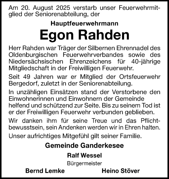 Traueranzeige von Egon Rahden von DK Medien GmbH & Co. KG