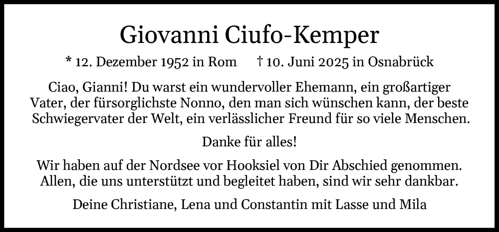  Traueranzeige für Giovanni Ciufo-Kemper vom 16.08.2025 aus Neue Osnabrücker Zeitung GmbH & Co. KG