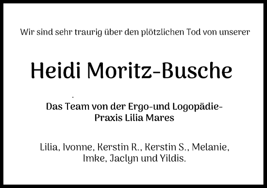 Traueranzeige von Heidi Moritz-Busche von DK Medien GmbH & Co. KG