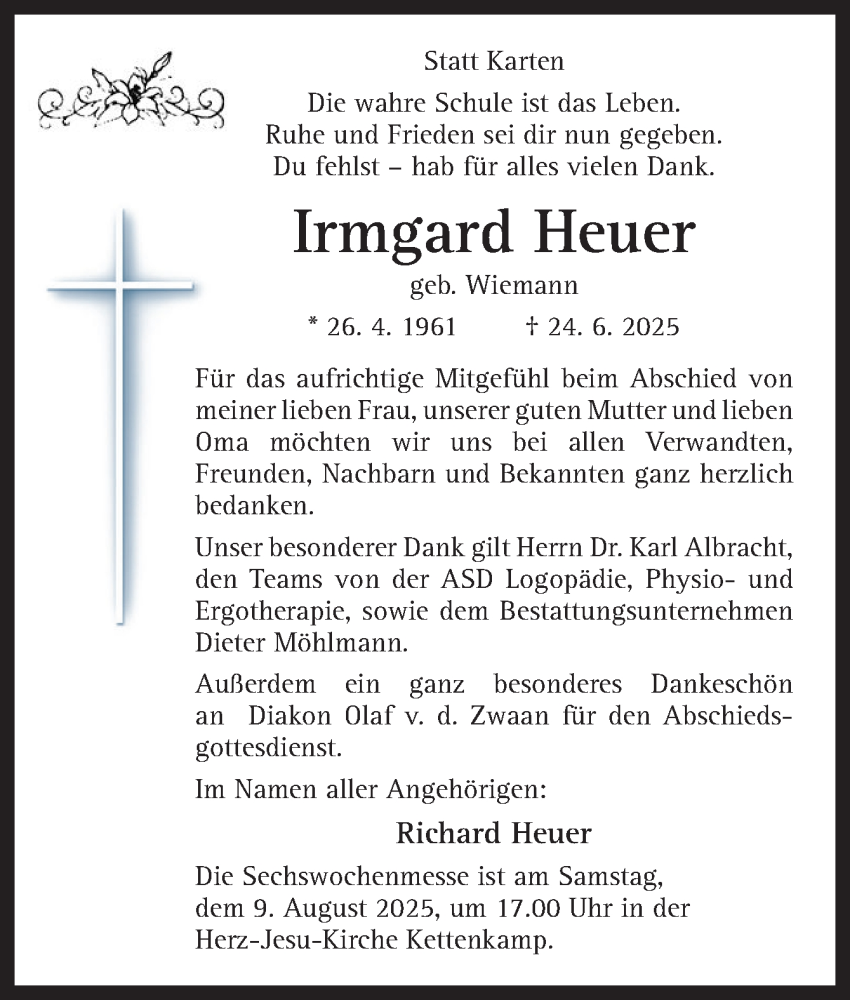  Traueranzeige für Irmgard Heuer vom 02.08.2025 aus Neue Osnabrücker Zeitung GmbH & Co. KG