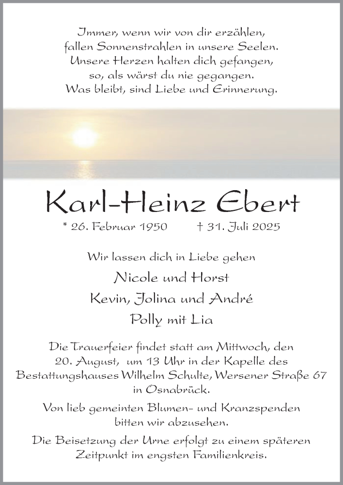  Traueranzeige für Karl-Heinz Ebert vom 09.08.2025 aus Neue Osnabrücker Zeitung GmbH & Co. KG