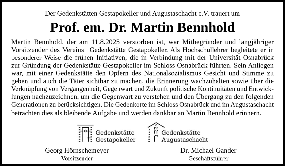  Traueranzeige für Martin Bennhold vom 23.08.2025 aus Neue Osnabrücker Zeitung GmbH & Co. KG