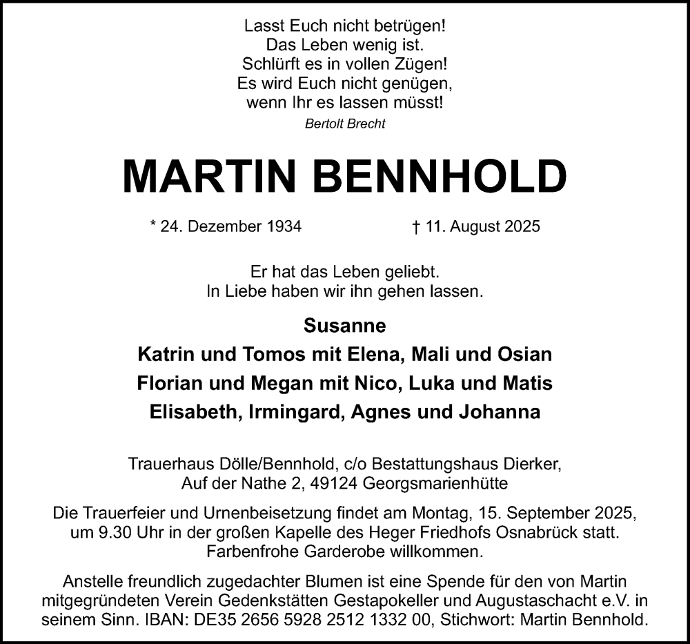  Traueranzeige für Martin Bennhold vom 23.08.2025 aus Neue Osnabrücker Zeitung GmbH & Co. KG