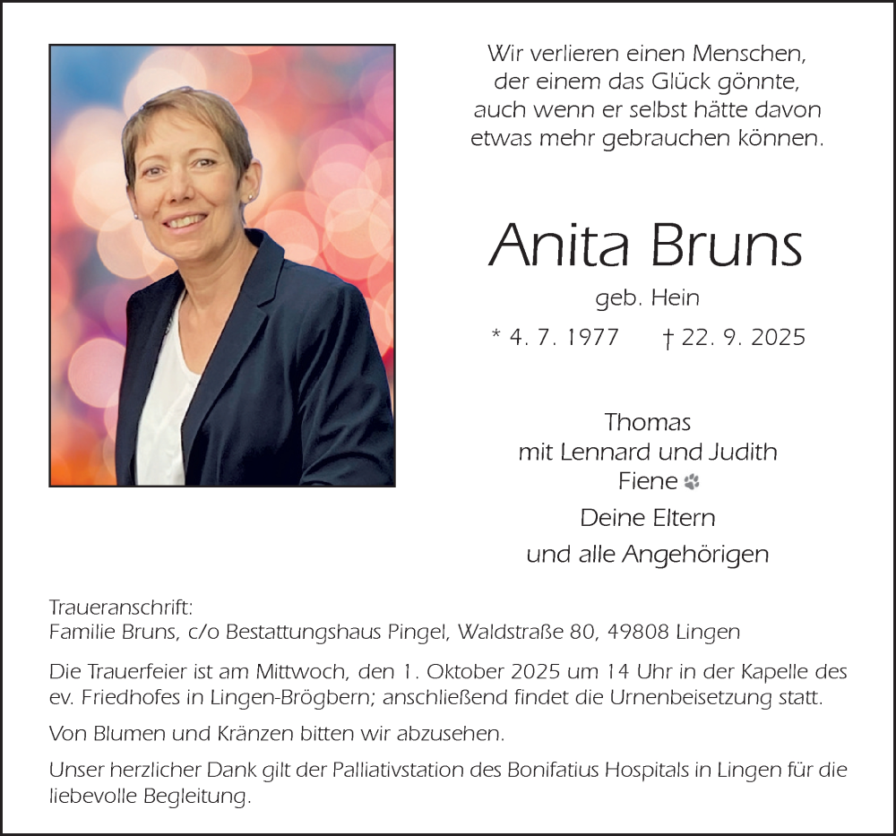  Traueranzeige für Anita Bruns vom 27.09.2025 aus Neue Osnabrücker Zeitung GmbH & Co. KG
