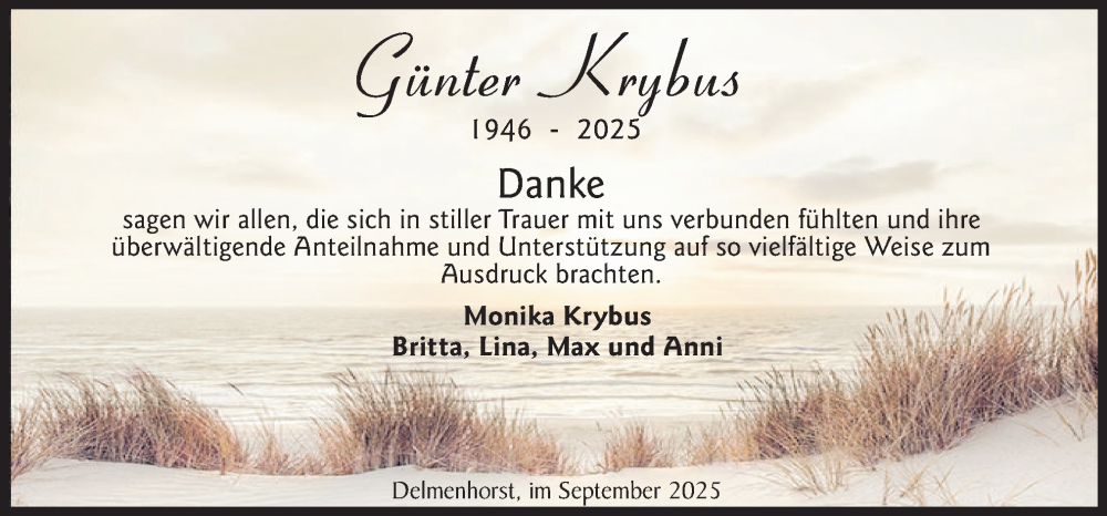  Traueranzeige für Günter Krybus vom 27.09.2025 aus DK Medien GmbH & Co. KG