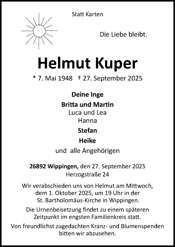  Traueranzeige für Helmut Kuper vom 29.09.2025 aus Neue Osnabrücker Zeitung GmbH & Co. KG