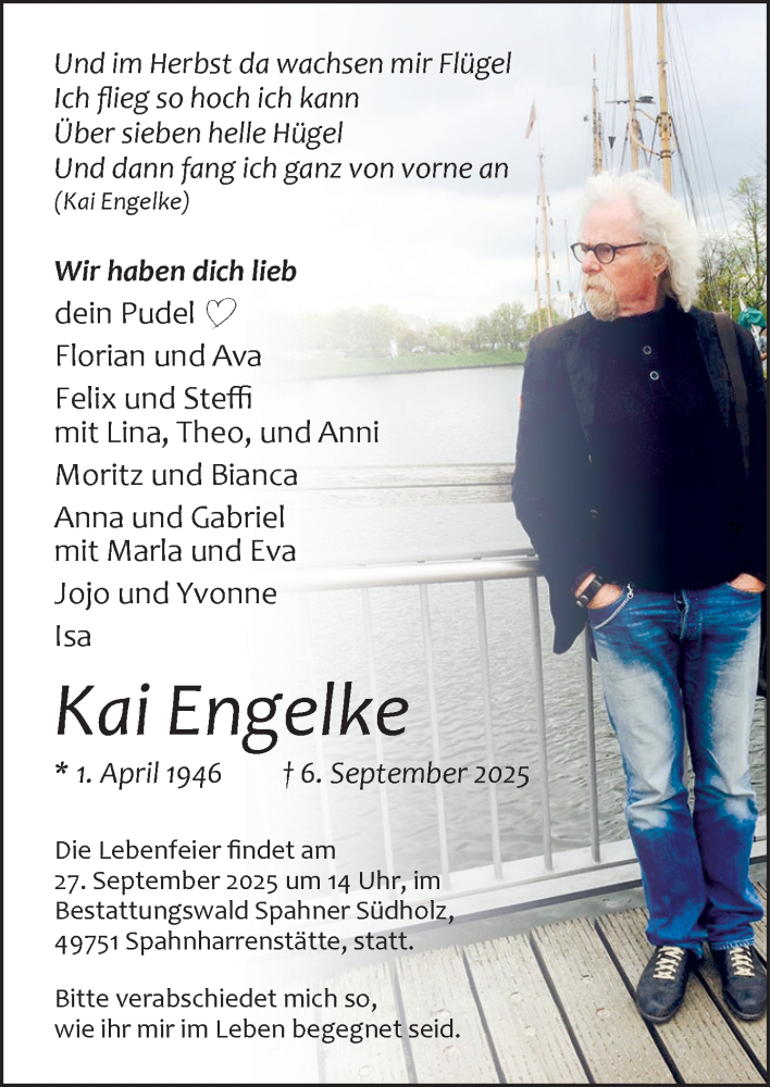  Traueranzeige für Kai Engelke vom 20.09.2025 aus Neue Osnabrücker Zeitung GmbH & Co. KG