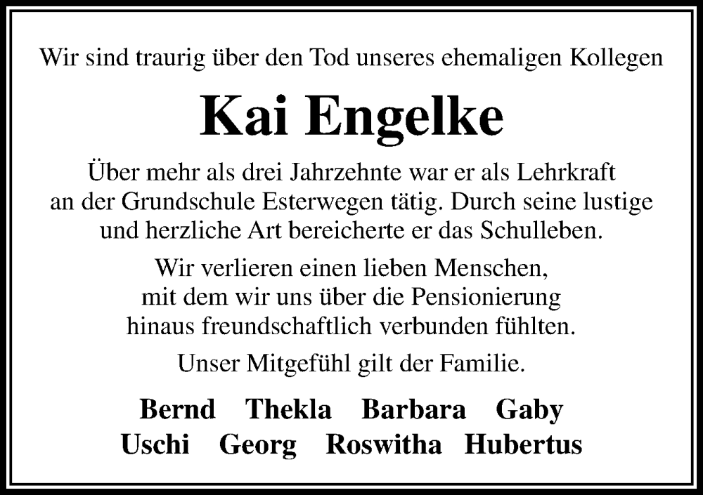  Traueranzeige für Kai Engelke vom 27.09.2025 aus Neue Osnabrücker Zeitung GmbH & Co. KG