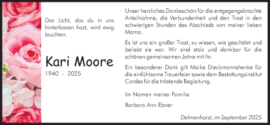 Traueranzeige von Kari Moore von DK Medien GmbH & Co. KG