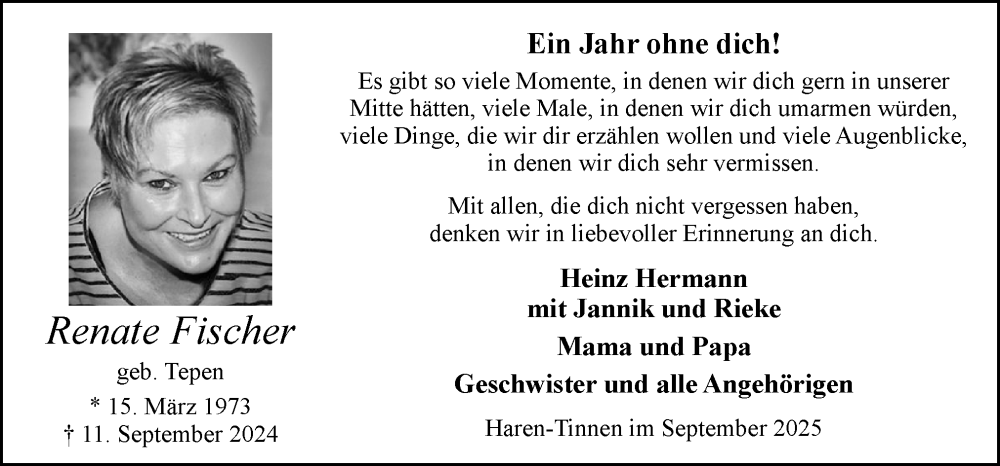  Traueranzeige für Renate Fischer vom 15.09.2025 aus Neue Osnabrücker Zeitung GmbH & Co. KG