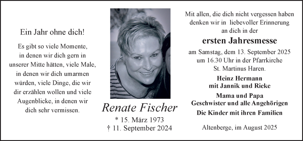  Traueranzeige für Renate Fischer vom 13.09.2025 aus Neue Osnabrücker Zeitung GmbH & Co. KG