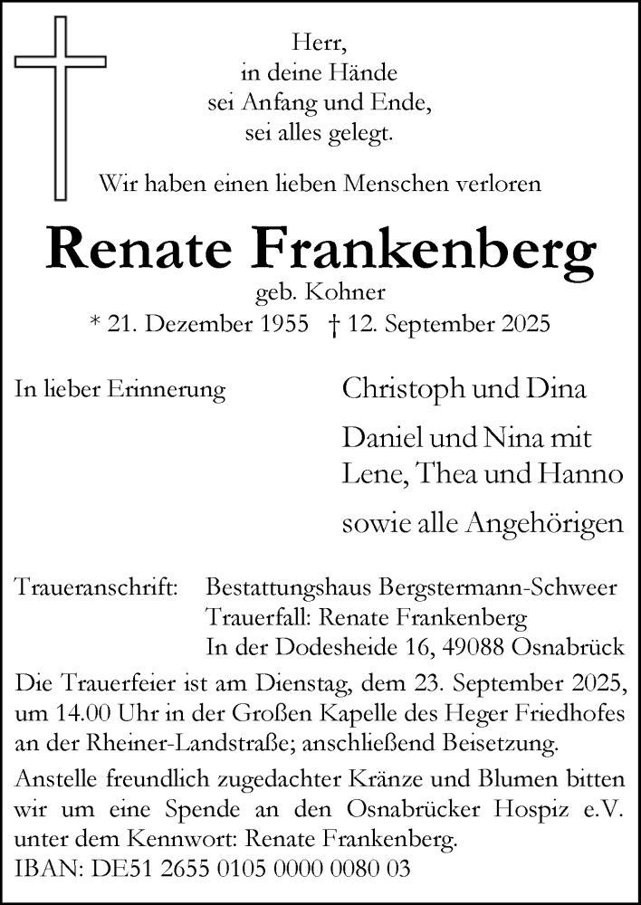  Traueranzeige für Renate Frankenberg vom 20.09.2025 aus Neue Osnabrücker Zeitung GmbH & Co. KG
