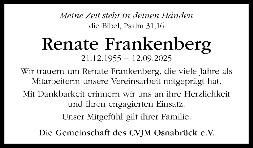  Traueranzeige für Renate Frankenberg vom 27.09.2025 aus Neue Osnabrücker Zeitung GmbH & Co. KG