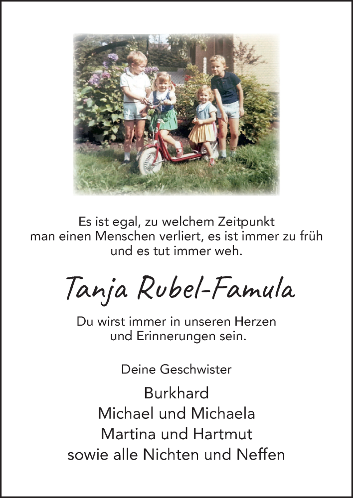 Traueranzeige für Tanja Rubel-Famula vom 06.09.2025 aus DK Medien GmbH & Co. KG