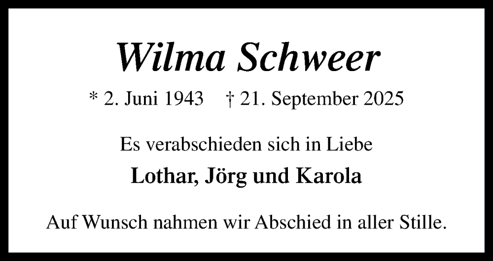  Traueranzeige für Wilma Schweer vom 27.09.2025 aus Neue Osnabrücker Zeitung GmbH & Co. KG
