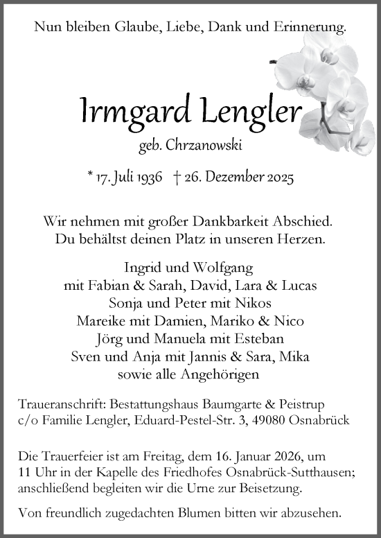 Traueranzeige von Irmgard Lengler von Neue Osnabrücker Zeitung GmbH & Co. KG