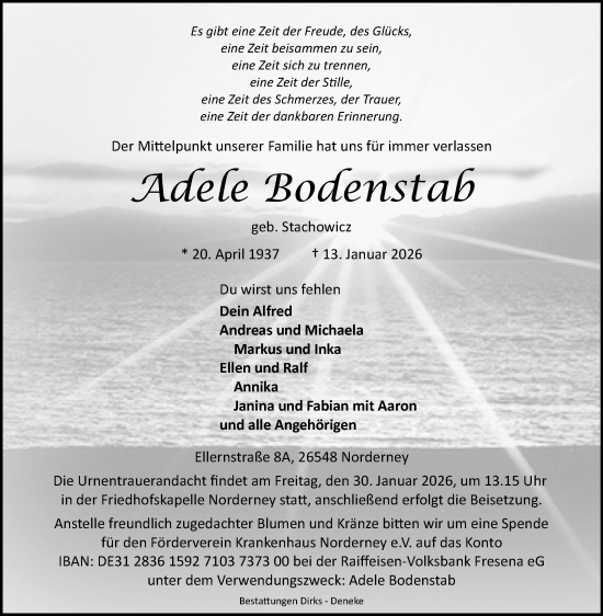 Traueranzeige von Adele Bodenstab von Ostfriesischer Kurier / Norderneyer Badezeitung