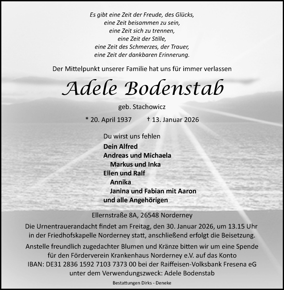  Traueranzeige für Adele Bodenstab vom 17.01.2026 aus Ostfriesischer Kurier GmbH