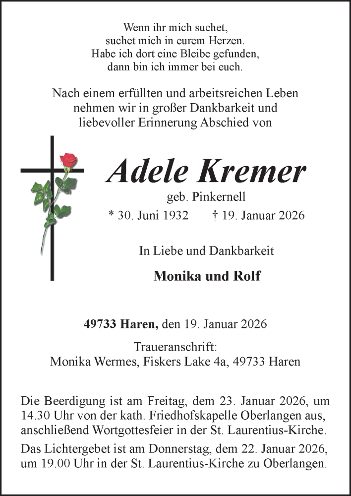  Traueranzeige für Adele Kremer vom 22.01.2026 aus Neue Osnabrücker Zeitung GmbH & Co. KG