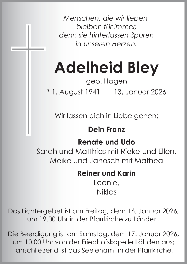 Traueranzeige für Adelheid Bley vom 15.01.2026 aus Neue Osnabrücker Zeitung GmbH & Co. KG
