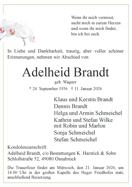 Traueranzeige von Adelheid Brandt von Neue Osnabrücker Zeitung GmbH & Co. KG