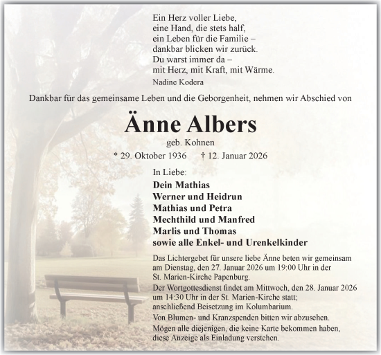 Traueranzeige von Änne Albers von Neue Osnabrücker Zeitung GmbH & Co. KG