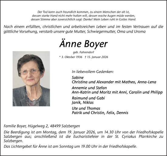 Traueranzeige von Änne Boyer von Neue Osnabrücker Zeitung GmbH & Co. KG