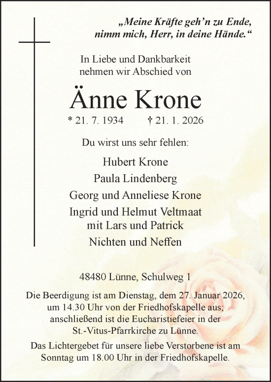 Traueranzeige von Änne Krone von Neue Osnabrücker Zeitung GmbH & Co. KG