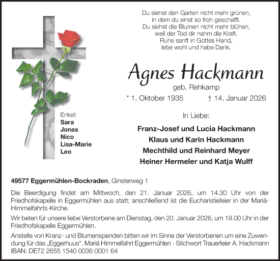 Traueranzeige von Agnes Hackmann von Neue Osnabrücker Zeitung GmbH & Co. KG